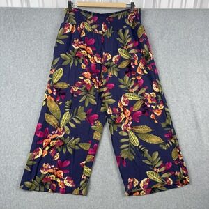 J Jill Pants Womens L Blue Floral Wide Leg Cropped Rayon Lightweight Pockets